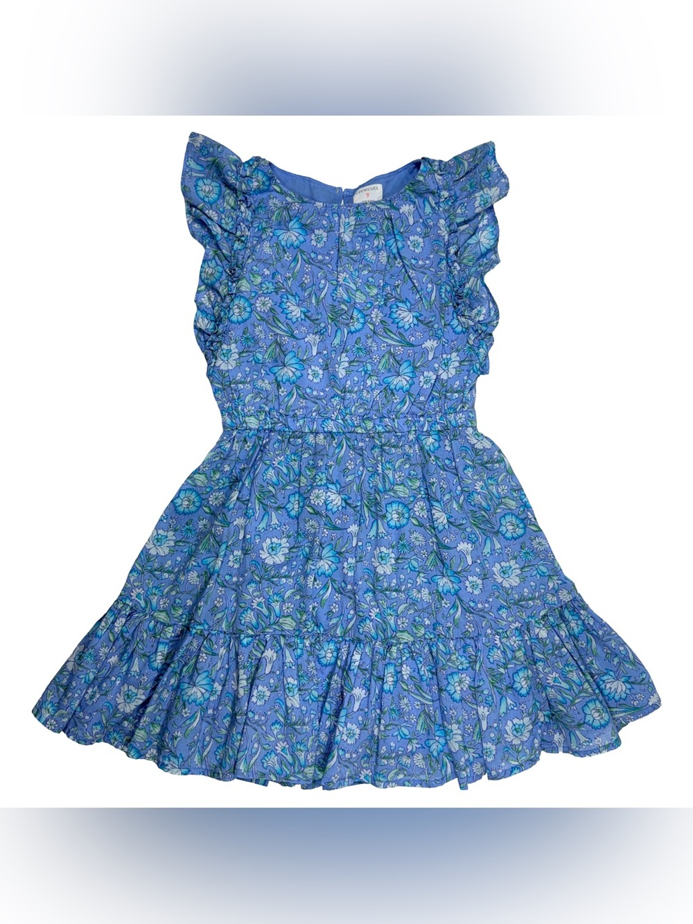 Crewcuts Girls Size 7 Blue Floral Cotton Dress Ruffle Sleeve Elastic Waist